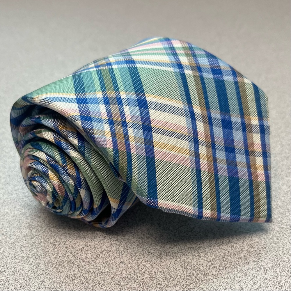 Tommy Hilfiger Men's Plaid 100% Silk Tie Blue Green Pink Preppy